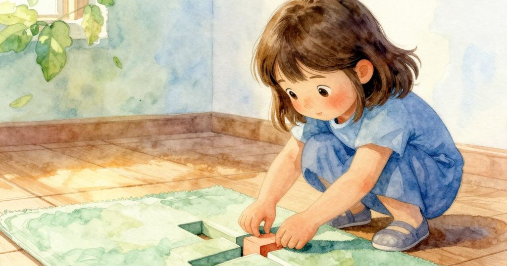 Elise彎下身，用雙手仔細尋找積木中的紅色拼塊，背景是晨光照射下的木地板與柔軟墊子