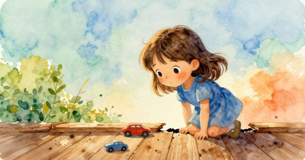 從身後視角看見Elise透過窄縫觀察昏暗木地板和小汽車，空氣中瀰漫著淡淡塵埃，流露出好奇神情