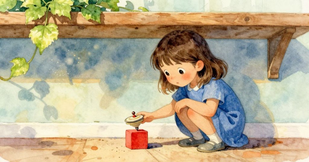 Elise蹲在架子下，觀察陰影中飄浮的灰塵和旋轉中的玩具，紅色積木被輕輕推動，現出微妙動作