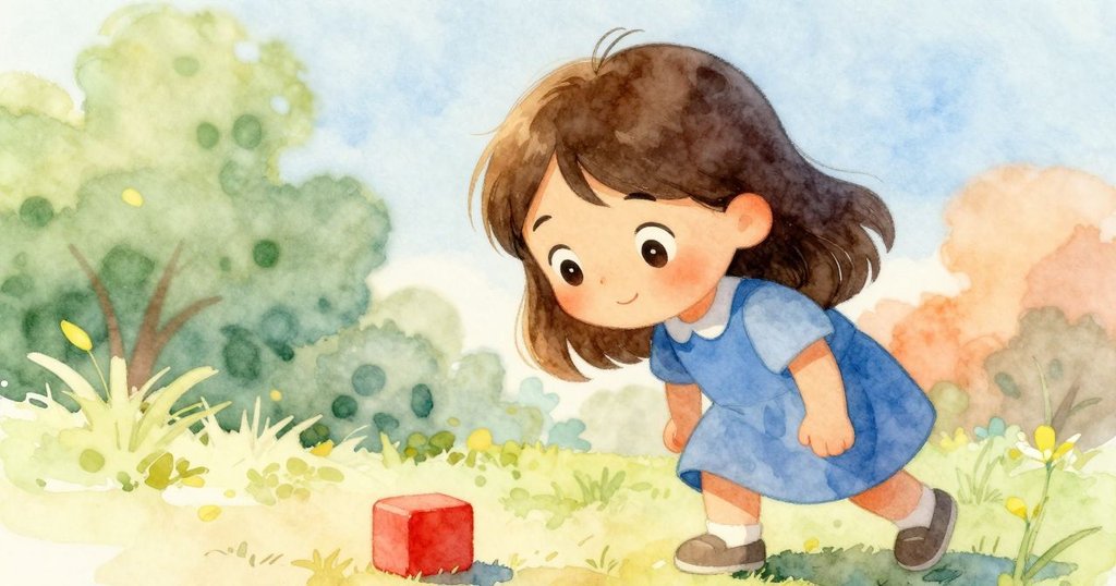 Elise面帶微笑，注視著滾向縫隙的紅色積木，神情充滿溫柔與決斷，畫面柔和溫暖