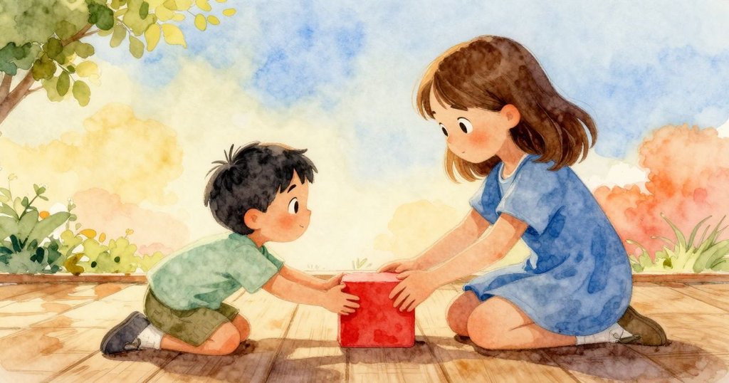 Elise與鄰近小孩以友好姿態交換紅色積木，木地板上發出輕微聲響，雙方互視微笑，情景溫暖互助