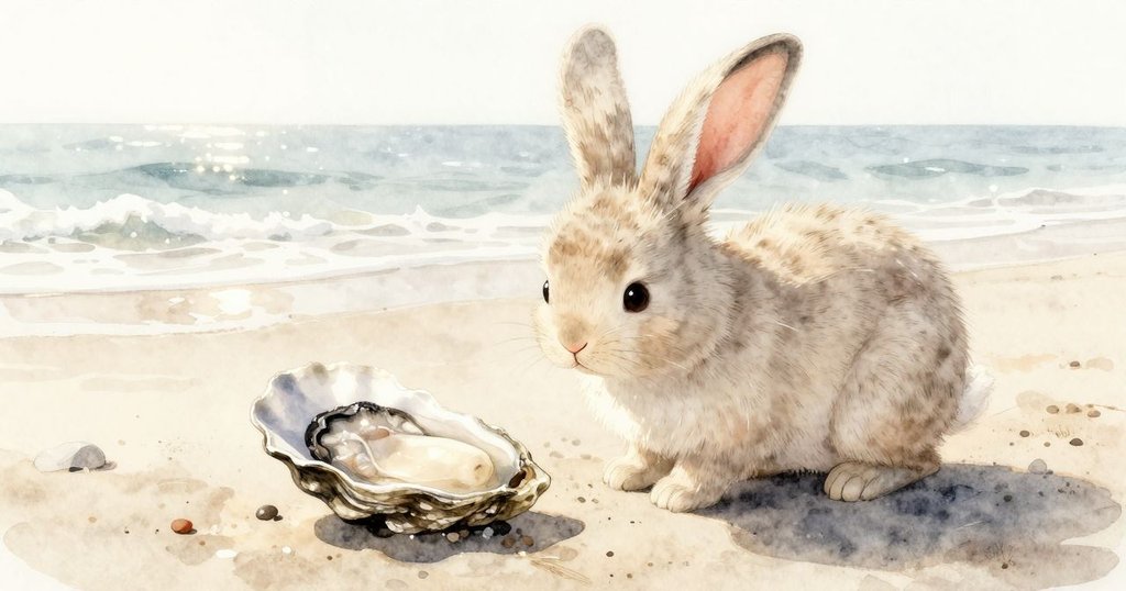 在晨光灑落的海灘上，兔子玩具從沙中探出頭，與一個半開的蠔殼互動，表現出好奇與溫暖情緒。