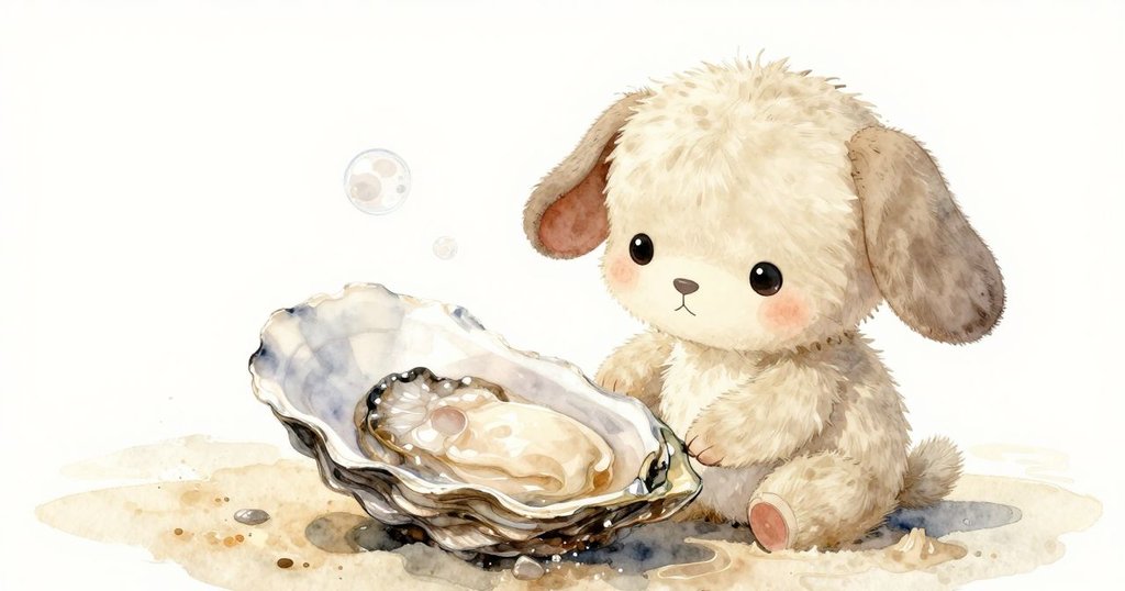 蠔殼近景展示半開狀態，泡泡輕輕繞著其邊緣飄動，細緻的質感與溫柔光線突顯自然奧秘。