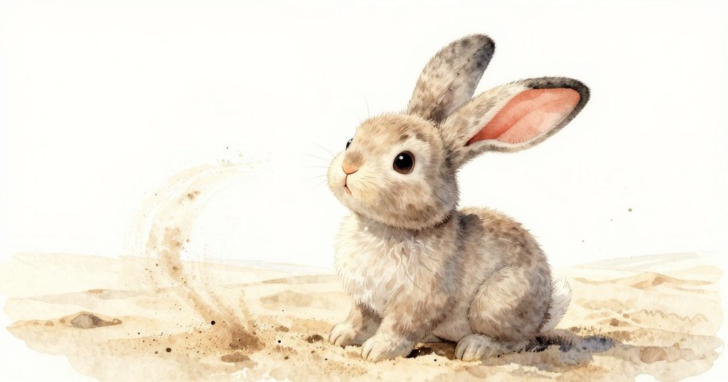 低角度呈現兔子玩具仰望天空，風輕輕吹起沙粒在其毛皮上跳動，展現出探索和好奇的神情。