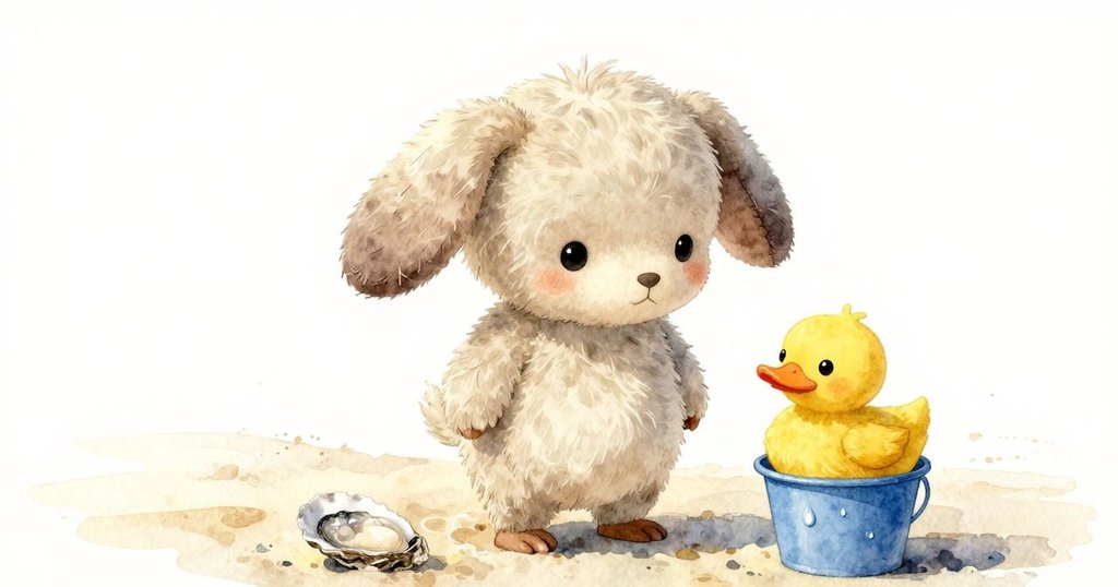 太陽角度轉變中，藍桶上黃鴨的彩繪鴨嘴在陽光下閃爍，小蠔殼依然謎樣立於溫柔沙灘上。