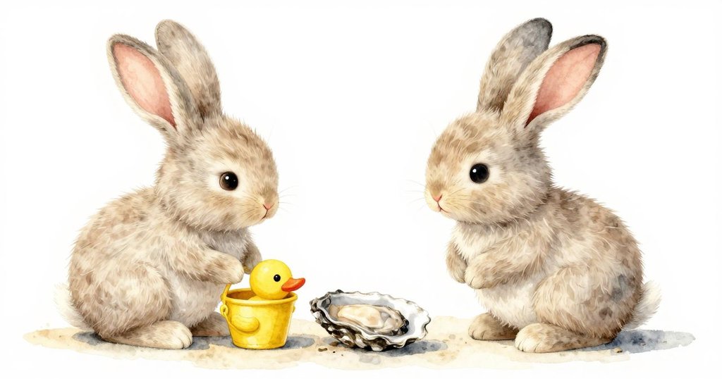 兔子玩具在海灘上猶豫不決，目光在神秘蠔殼與迷人黃鴨桶間游移，展現內心抉擇的瞬間。