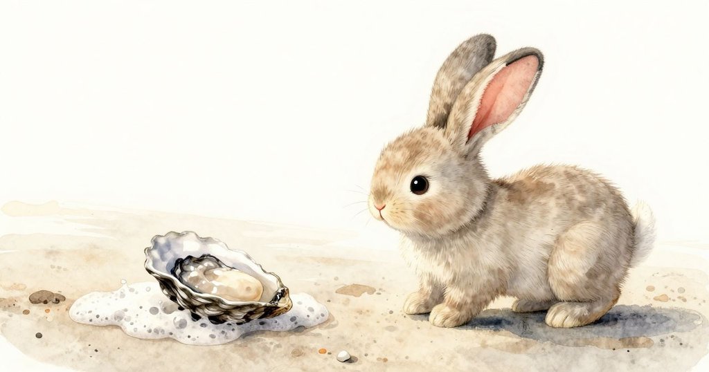 在即將結束的海灘上，兔子玩具以輕輕點頭告別神秘蠔殼，泡沫輕舞，溫柔光線映照出離別的情懷。