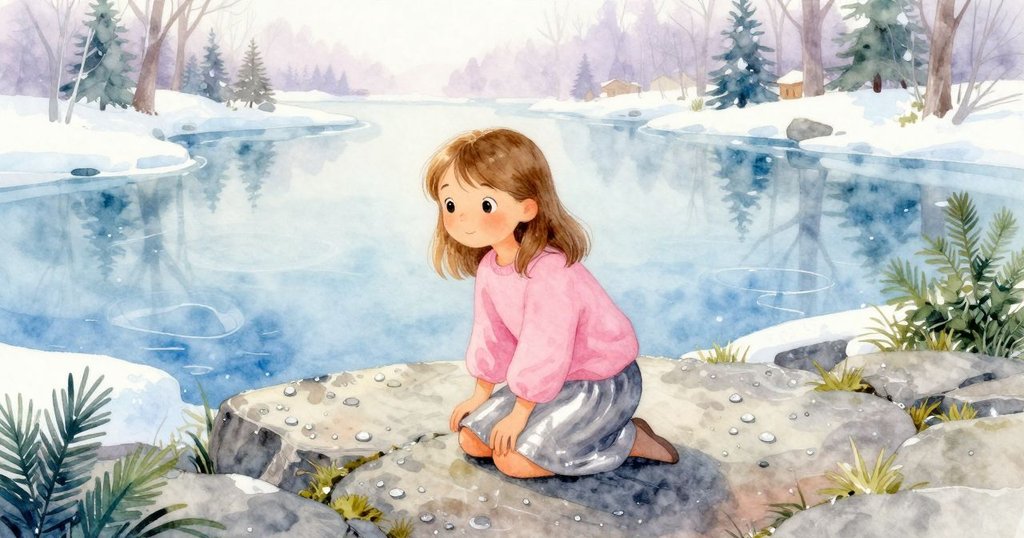 哈蒂跪在石頭旁，露水閃耀背景有藍色池塘，早晨光線柔和，展現故事開篇的寧靜與期待