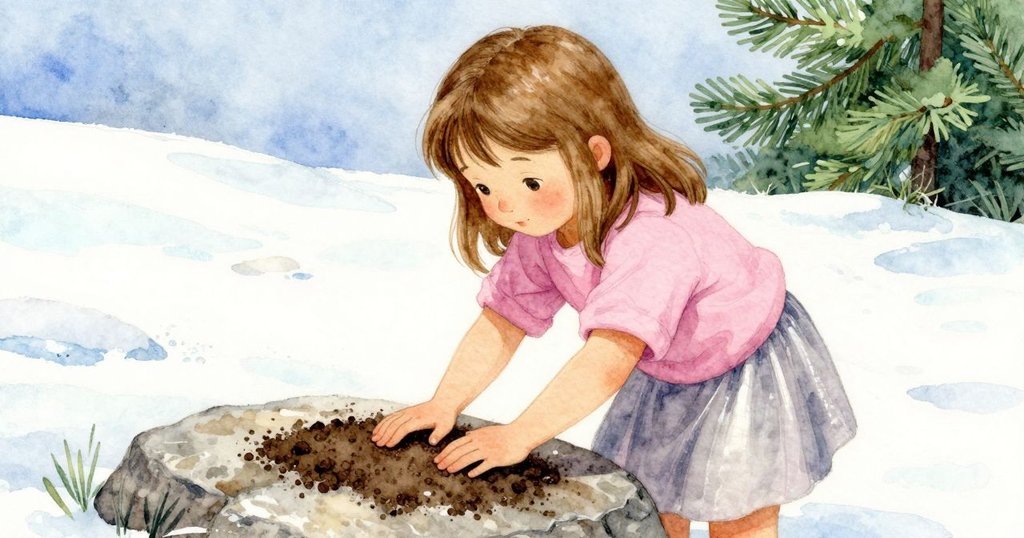 哈蒂專注用手拍打濕土於石上，特寫呈現土壤細節，故事發展表現創作過程的專注與細膩