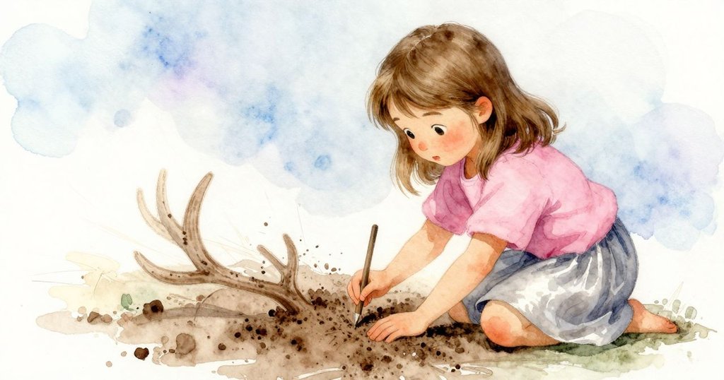 哈蒂斜角度勾勒鹿角，土壤線條模糊中透露創意，情節進入高潮，展現動態實驗與專注神情