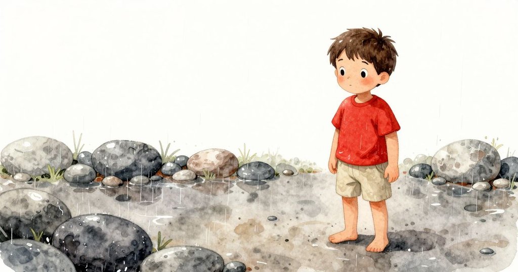 伊夫站在濕潤庭院中，雨滴在石頭上閃爍，溫暖陽光灑下，表情平靜，故事悄然展開。