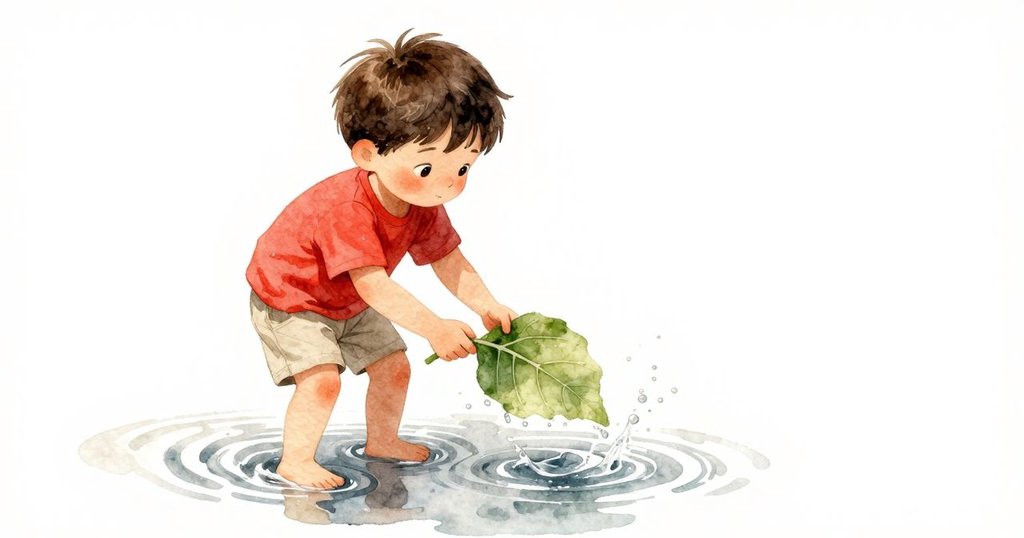 伊夫伸出手輕托大葉，水面閃爍光芒，葉隨水流轉動，細節豐富，展現自然靜美。