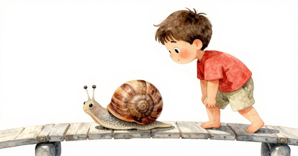 小蝸牛沿著塑料玩具車邊緩緩爬行，背景隱約見伊夫手勢保護，展現細膩探索。