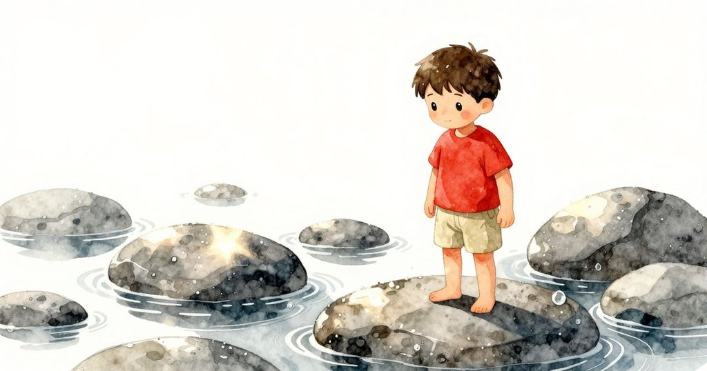 濕潤石頭上雨滴閃爍，溫暖陽光穿透雲層，伊夫靜觀光影交錯，氛圍悠然清新。