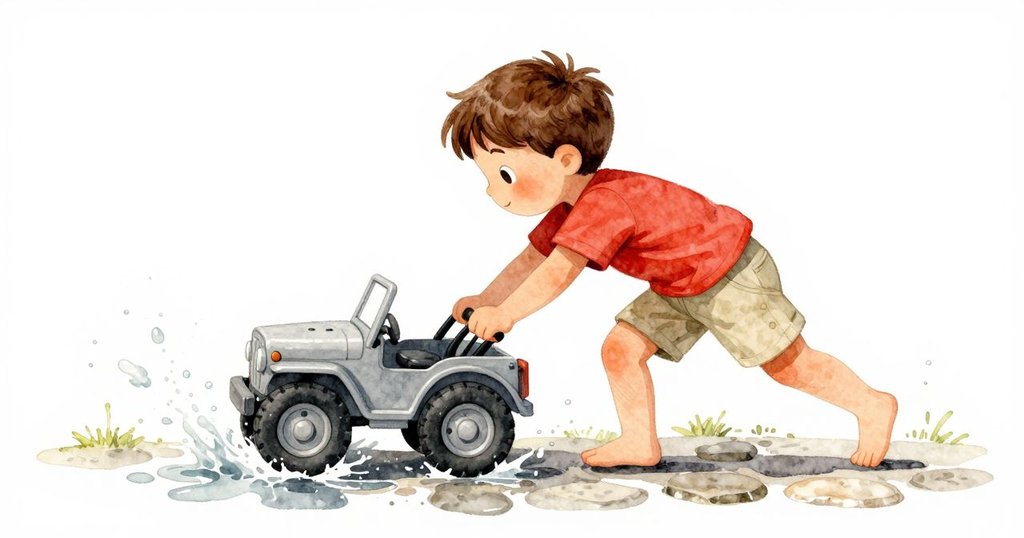 伊夫使力推動玩具車前進，水花濺起，石板路上展現活力與決心，動感十足。