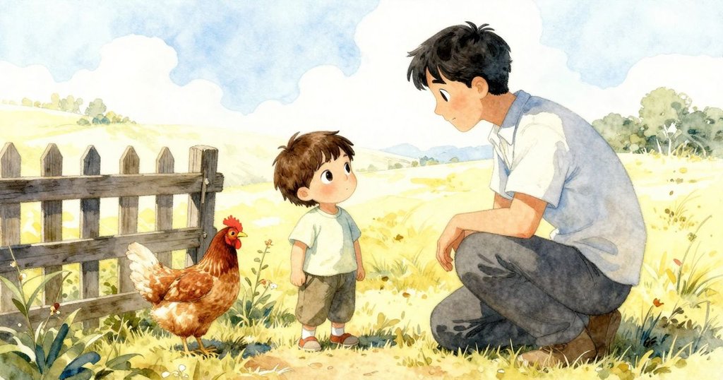 Birch 與大人在陽光下傾聽母雞叫聲，遠處畫家正粉刷圍牆，現場寧靜溫馨，氛圍輕鬆