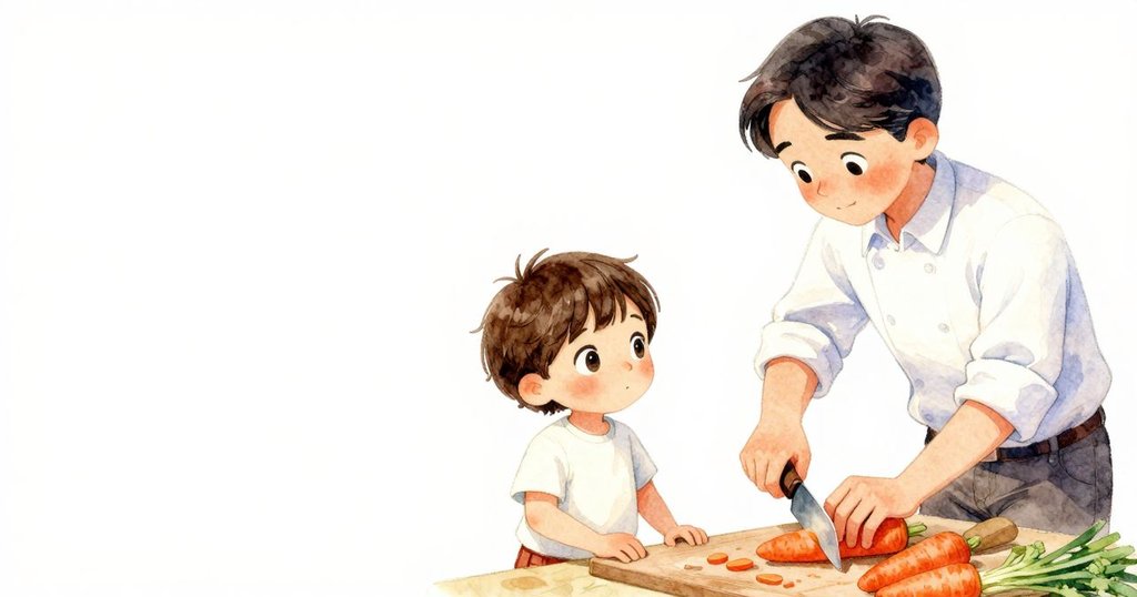 廚師在戶外廚房內切胡蘿蔔準備湯品，動作專注，呈現轉化象徵，溫暖明亮的環境