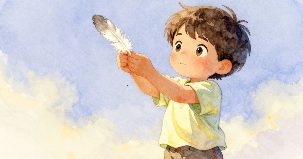 Birch 低角度舉起羽毛，羽毛下安放一顆細小種子，專注展露驚奇神情，細節豐富生動