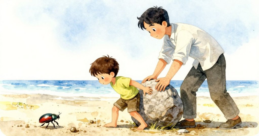 Birch 與大人協力移動大石，泥地上亮光甲蟲奔跑，展現動態合作與驚喜發現，氛圍活力充沛