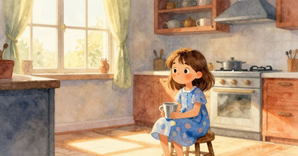 Lena 坐在廚房溫馨角落，窗外陽光灑入，銀色杯子與凳子呈現溫暖家庭氣氛，充滿寧靜與期待。