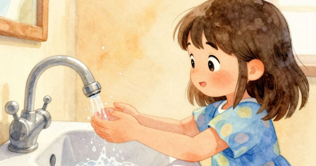 Lena 的手輕觸水龍頭，柔軟水滴與泡沫在水槽中閃爍，細膩動作展現探索與溫柔。