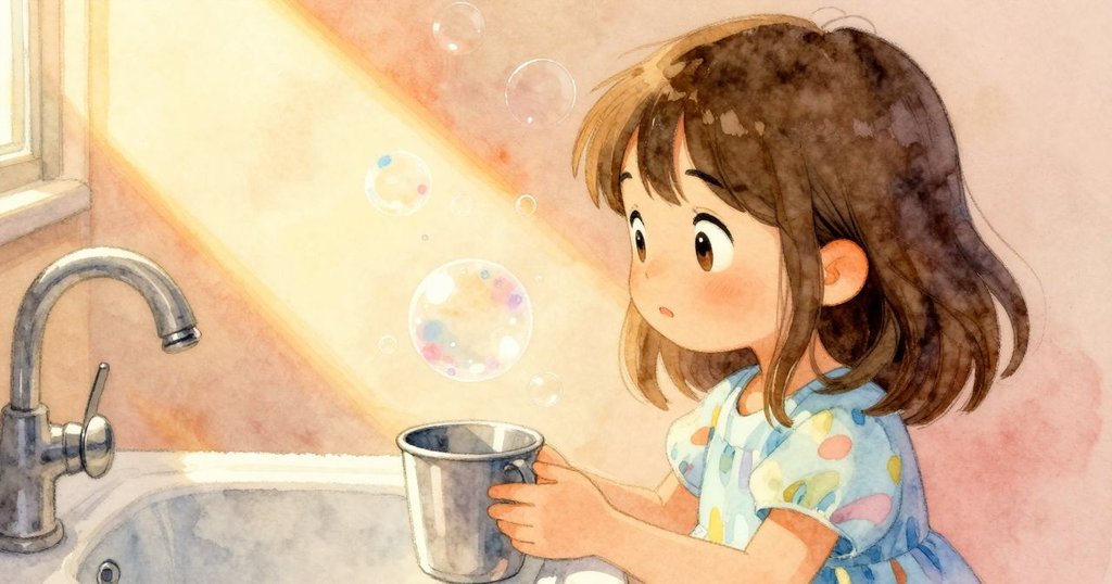 從微小泡泡視角看室內情景，銀杯在眼前巨大，背景朦朧且充滿溫暖燈光與生活氣息。