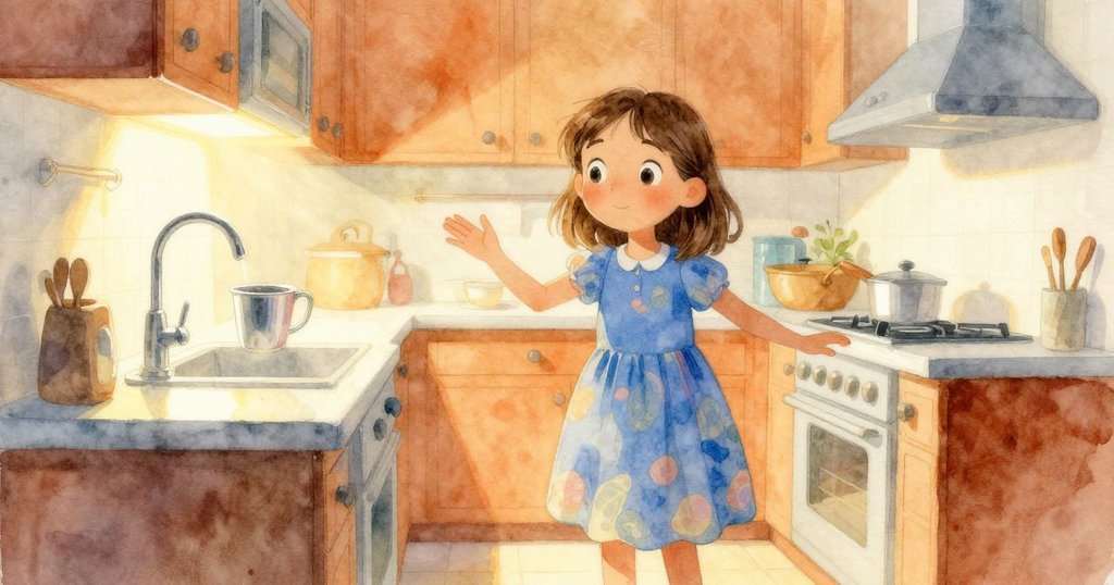 Lena 含笑離開水槽，銀杯在室內柔光中閃爍，溫暖燈光陪伴寧靜告別，呈現平和家庭氛圍。