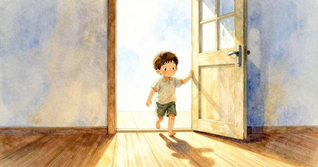 喬納斯好奇踏入明亮的家中，門口射入溫暖晨光照在地毯上，房間溫馨有條紋牆壁