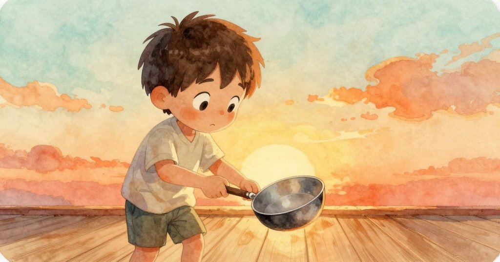 喬納斯專注輕敲地上小金屬鍋，發出悅耳回音，背景是暖色的室內光線