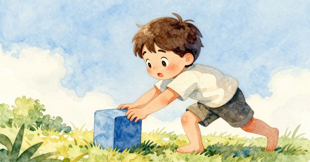 喬納斯輕推藍色積木，上面描繪著平靜海洋，積木略帶跳動滑動，視角斜切展現動感