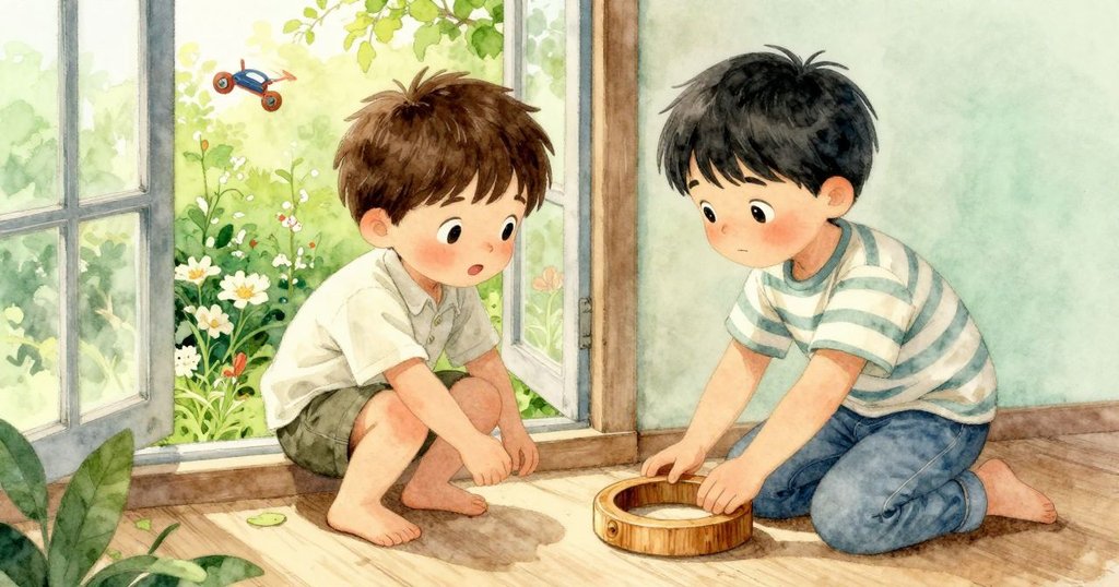 喬納斯輕放木環於腳邊，透過開窗見戶外花園，小車輪旋轉，另一孩子好奇觀望，室內外自然交融