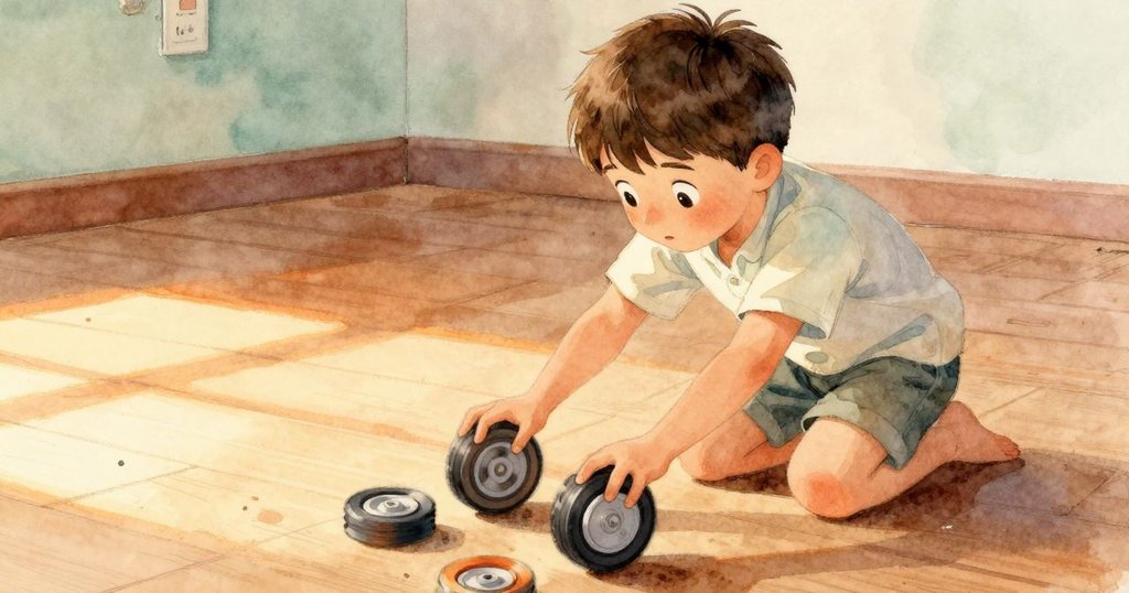 喬納斯專注看著迅速旋轉的小車輪，投入數圈計數，木環安靜放在腳邊，室內木地板透著光塵