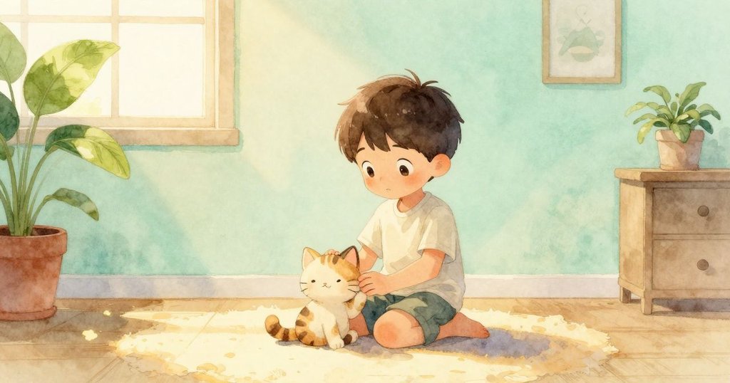 喬納斯安詳地撫摸柔軟毛絨小貓，玩具側翻輕微塵霧飄散，屋內光線柔和，畫面寧靜完結