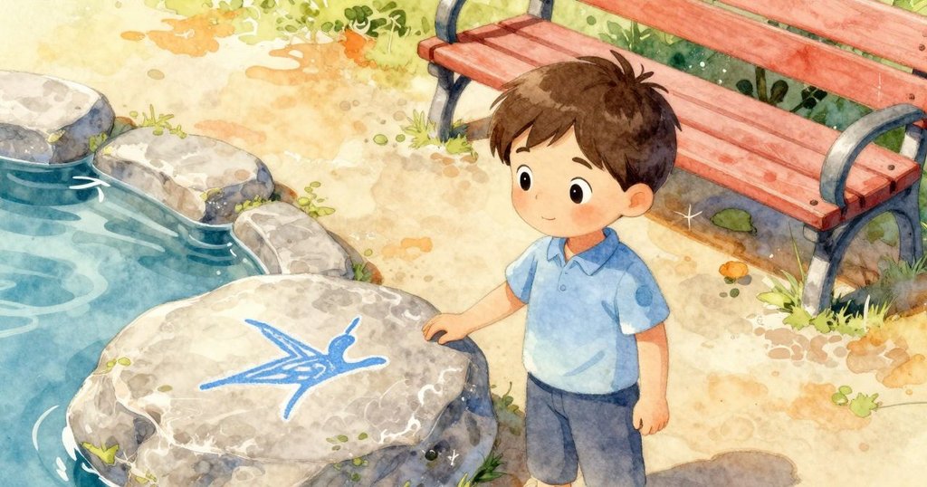 男子站在池塘邊,從高空俯瞰池塘、石頭上淡去的藍色粉筆貓頭鷹,景色寧靜且燦爛