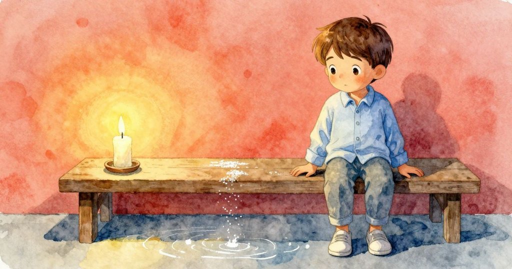 分割畫面中,一邊是傾斜的蠟燭靠在長椅旁,另一邊是粉筆碎粒飄落池塘,男子靜觀變化細節