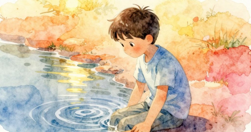 男子站在池塘邊,感受微風拂過水面,水波蕩漾,青草氣息彌漫,聽著遠處柔和鴨鳴聲