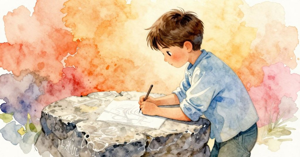 男子注視石上幾乎消逝的粉筆貓頭鷹,伸手輕觸裸露石面,陽光照耀下流露出失落與沉思