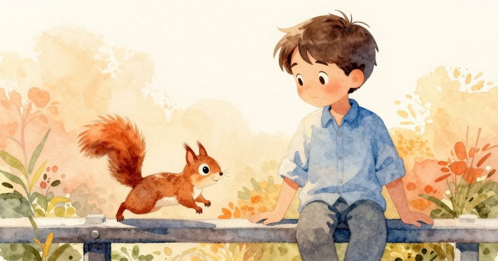 男子在戶外長椅旁微笑,一隻松鼠躍上欄杆帶來歡樂氣息,陽光柔和映出大自然溫暖美好