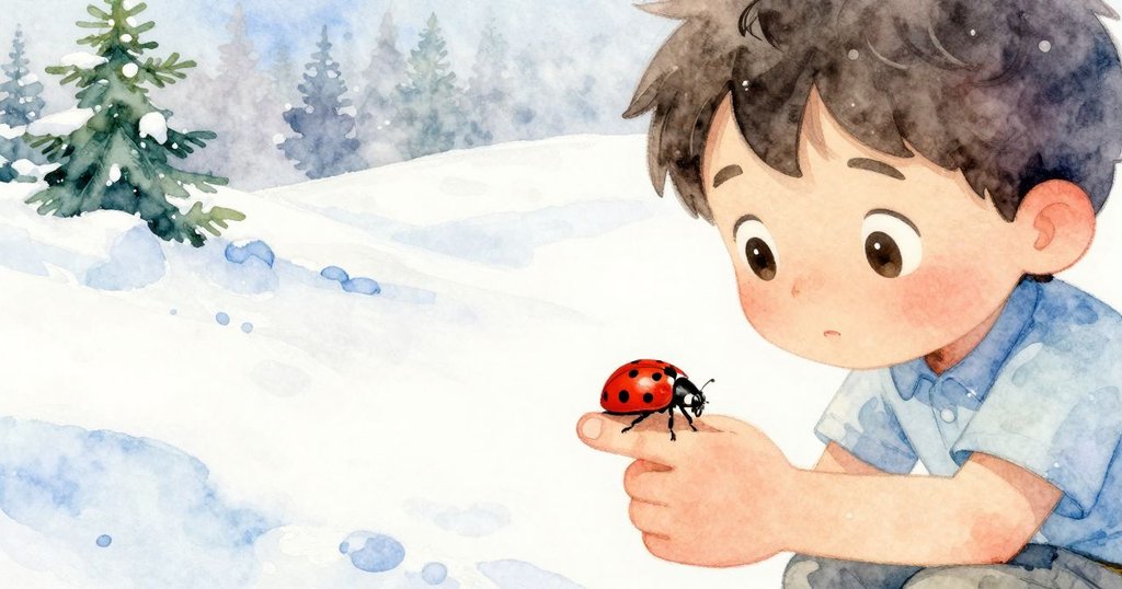 從微小生物視角看，小瓢蟲在Ronan的手指上緩緩爬行，展現細膩自然景象，背景柔和明亮充滿溫暖情懷。