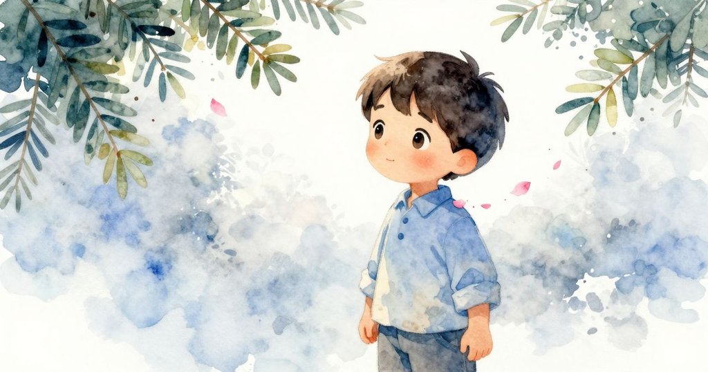 Ronan在微風吹拂中微笑，粉色花瓣輕落肩上，背景花草隨風擺動，流露出自然中細膩的驚喜與溫馨情景。