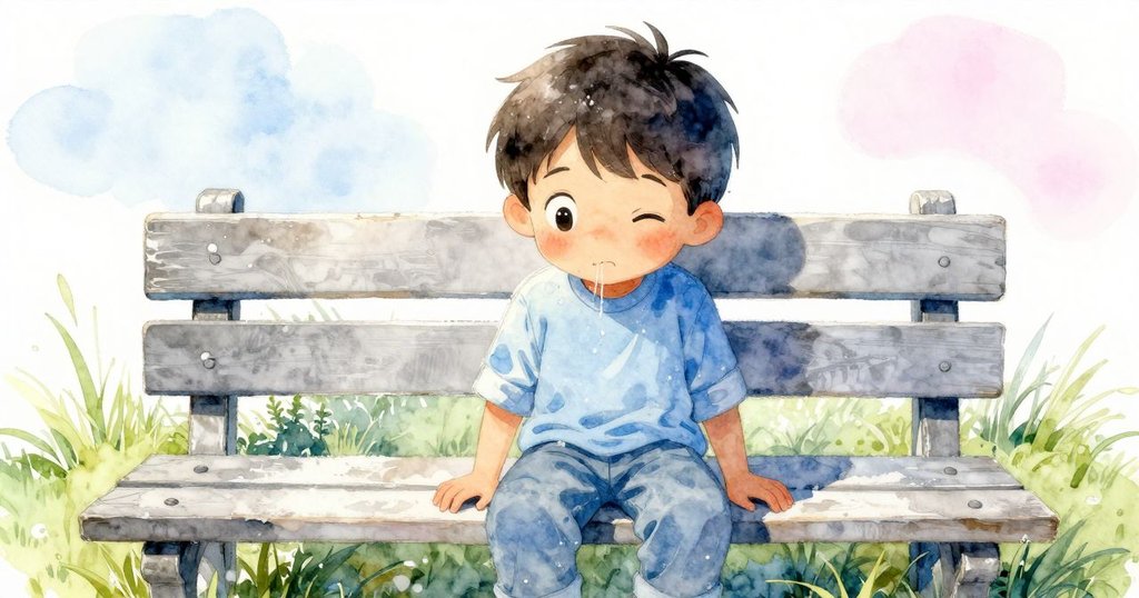 Ronan感受涼水流至嘴邊，眼神充滿好奇與驚喜，背景呈現自然露水和寧靜戶外環境，展示純真探奇之情。