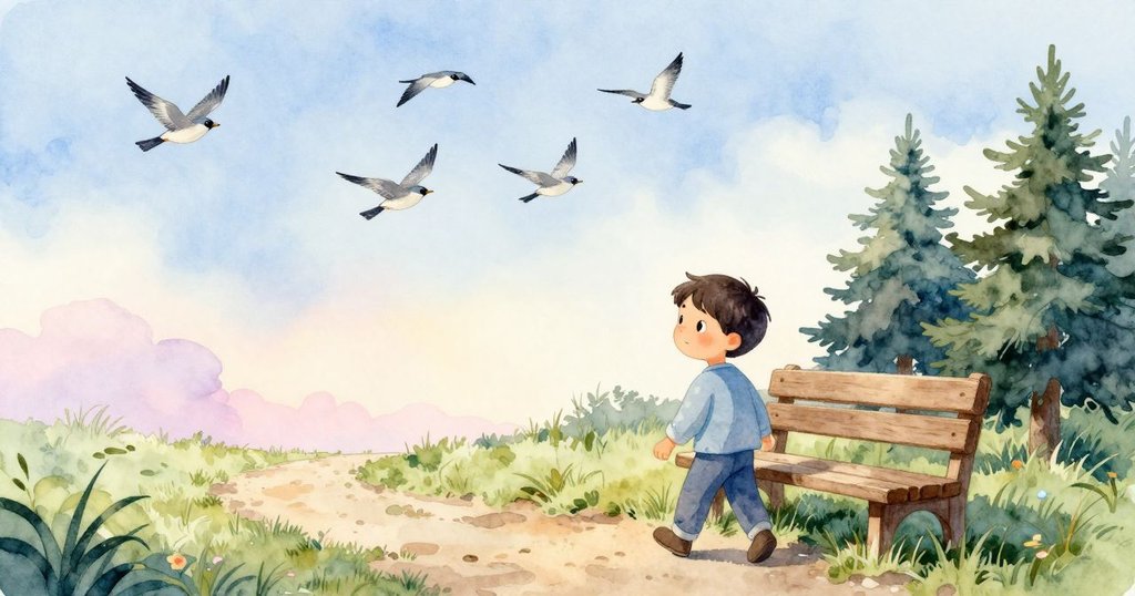 Ronan溫柔地從木椅旁站起，踢動襪子展現愉悅心情，背景為蜿蜒草徑與盤旋鳥群，呈現平和離別氛圍。
