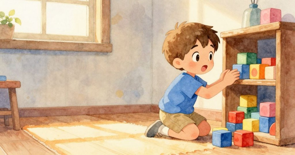 Floyd正跪在室內溫暖墊子上觀察架上積木，晨光灑進房間，神情專注且平靜