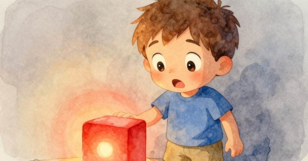 Floyd近距離面部特寫，驚奇凝視紅色亮點與發光點子，晨光溫暖照耀，情感豐富