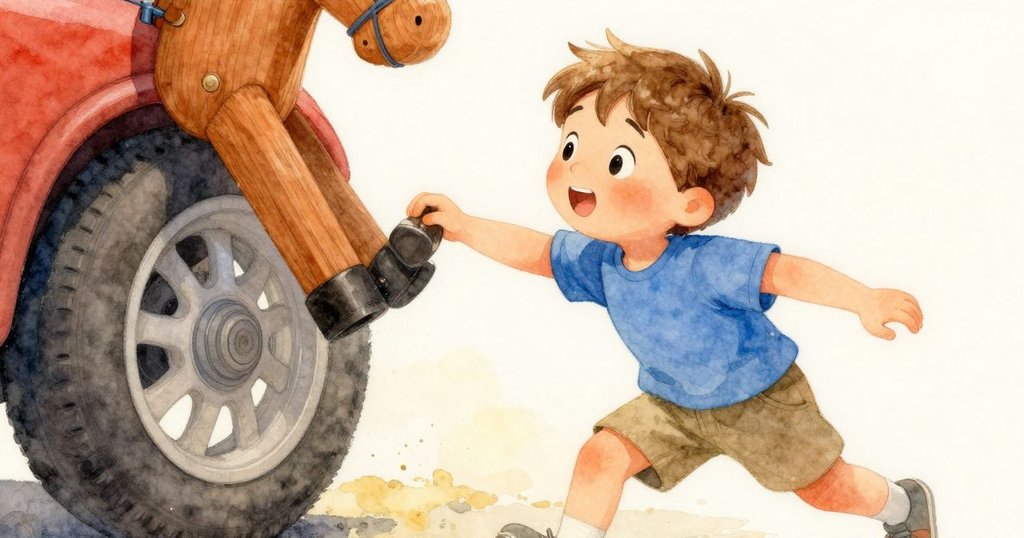 從低視角觀察，木馬的腿輕觸車輪，微塵飄散中散發出神秘韻味，小朋友正留意奇妙景象