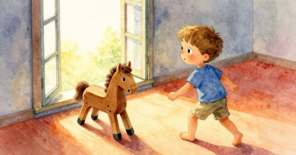 從高處視角見Floyd向左移動，木馬安定落座，明亮窗戶展露室外晨光，室內氛圍溫暖清晰