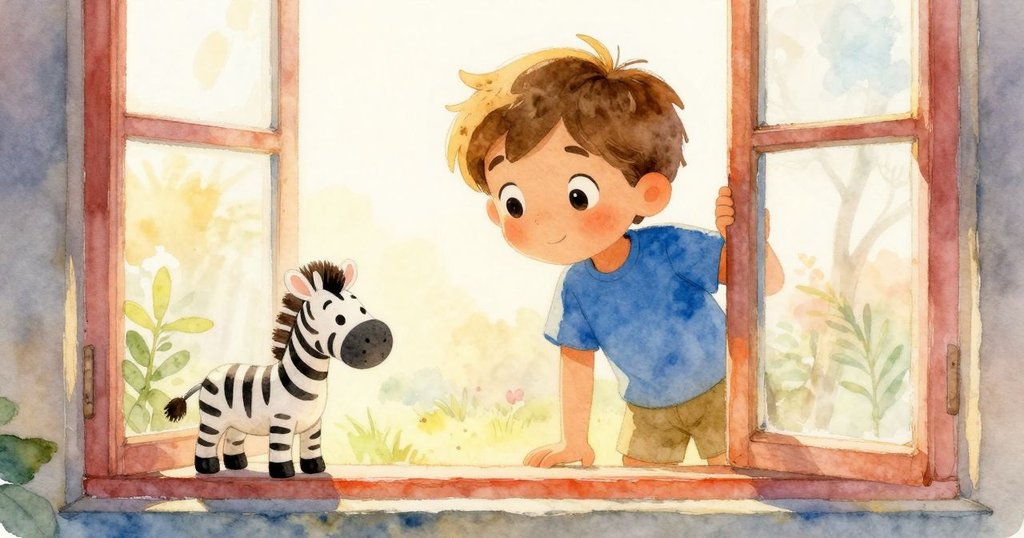 Floyd透過敞開窗戶好奇窺見外面晨光中的玩具斑馬，充滿驚喜與興奮，室內光線溫暖柔和