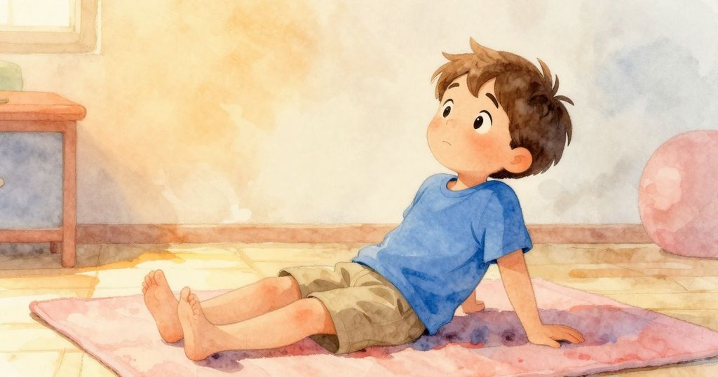 Floyd安坐在柔軟墊子上，面露滿足微笑，回味探索奇遇，室內溫暖晨光灑落，情景寧靜安詳