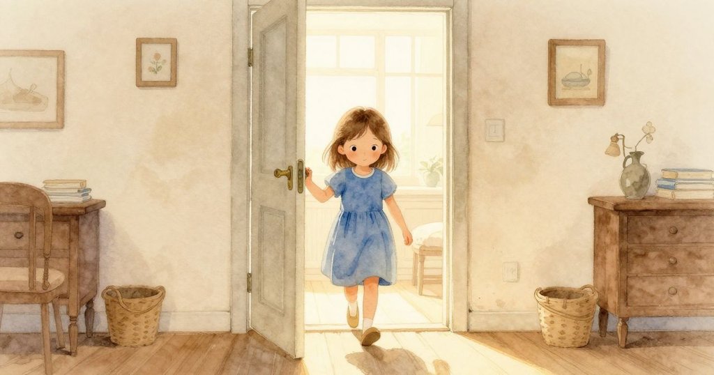 烏蘇拉步入明亮房間，站在窗邊的地墊上，注視著木塊上閃耀的藍色油漆，表情充滿期待與好奇