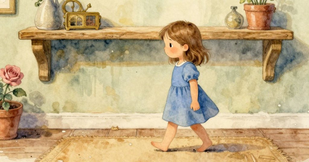 烏蘇拉在房間內緩步前行，腳步印在磨損地墊上，溫暖光線中細塵在架下飛舞，展現室內柔和氣氛